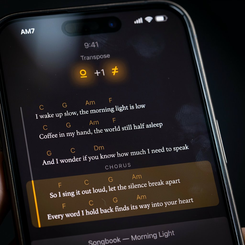 La app mostrando acordes sobre la letra, el control de transposición y el estribillo resaltado